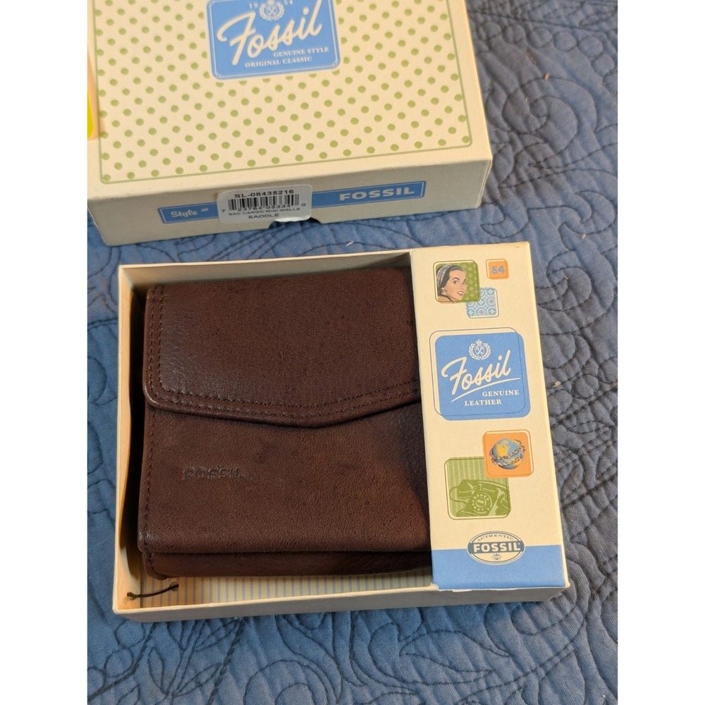 NIB Vintage Fossil Cargo Mini Trifold Wallet Saddle Brown Leather Retro Box New